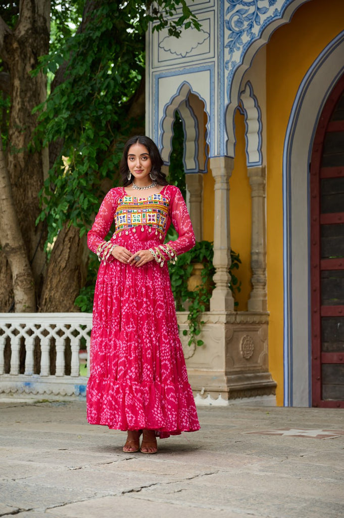 Pink Faux Georgette Bandhani Print Gown with Kutchi Patchwork – Full Sleeves, 12 Meter Flair, Cotton Lining ClothsVilla