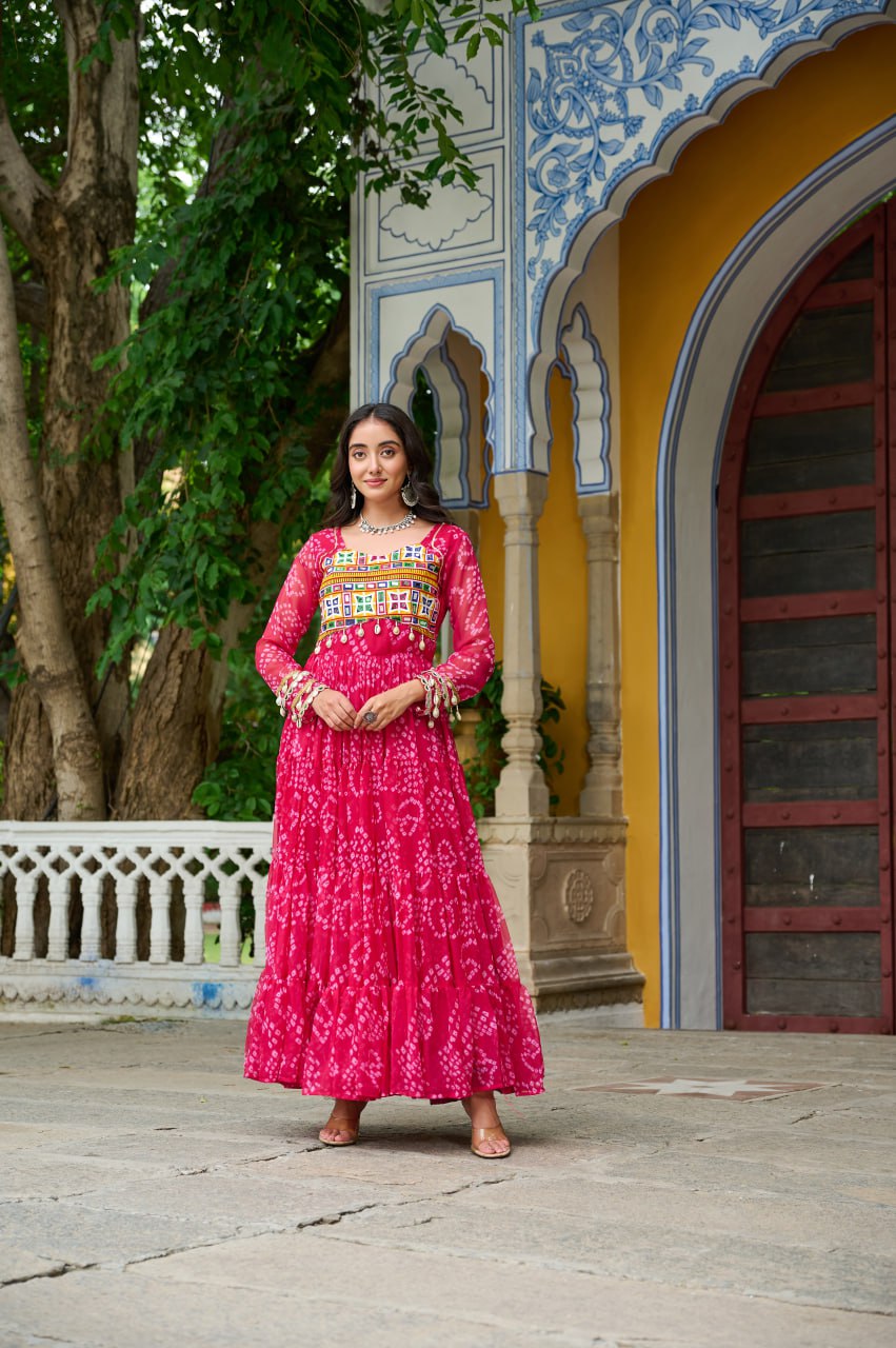 Pink Faux Georgette Bandhani Print Gown with Kutchi Patchwork – Full Sleeves, 12 Meter Flair, Cotton Lining ClothsVilla