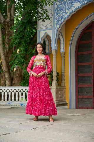 Pink Faux Georgette Bandhani Print Gown with Kutchi Patchwork – Full Sleeves, 12 Meter Flair, Cotton Lining ClothsVilla