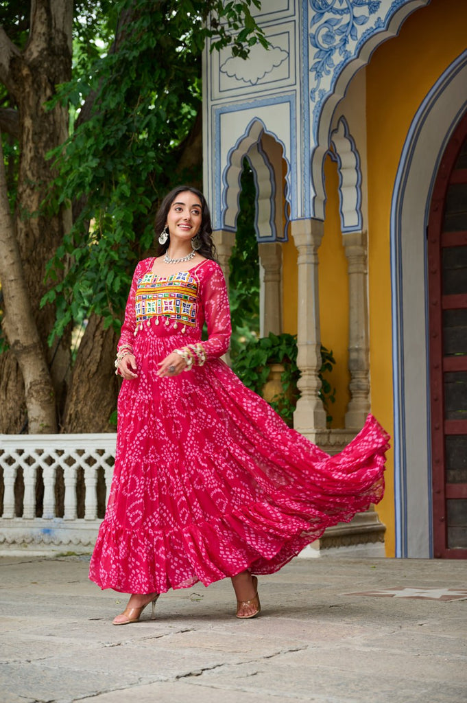 Pink Faux Georgette Bandhani Print Gown with Kutchi Patchwork – Full Sleeves, 12 Meter Flair, Cotton Lining ClothsVilla