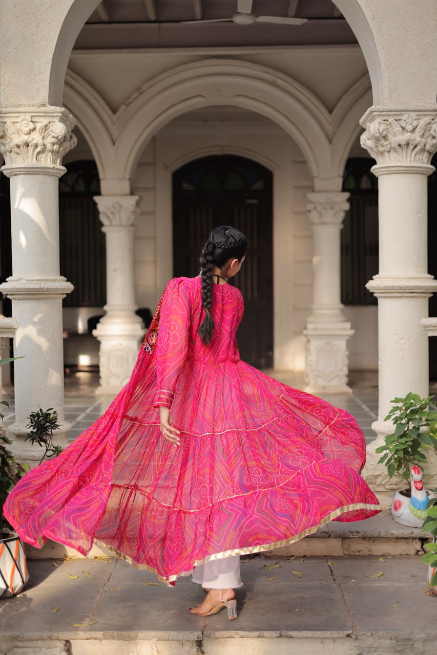 Pink Faux Georgette Bandhani Shrug with Kutchi Patchwork ClothsVilla