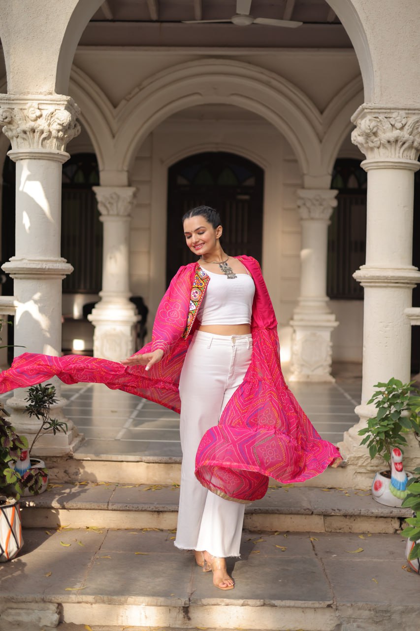Pink Faux Georgette Bandhani Shrug with Kutchi Patchwork ClothsVilla