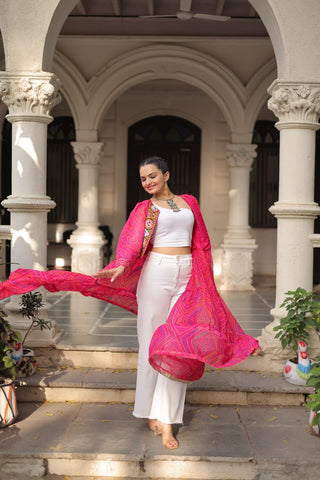 Pink Faux Georgette Bandhani Shrug with Kutchi Patchwork ClothsVilla