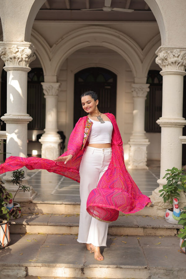 Pink Faux Georgette Bandhani Shrug with Kutchi Patchwork ClothsVilla