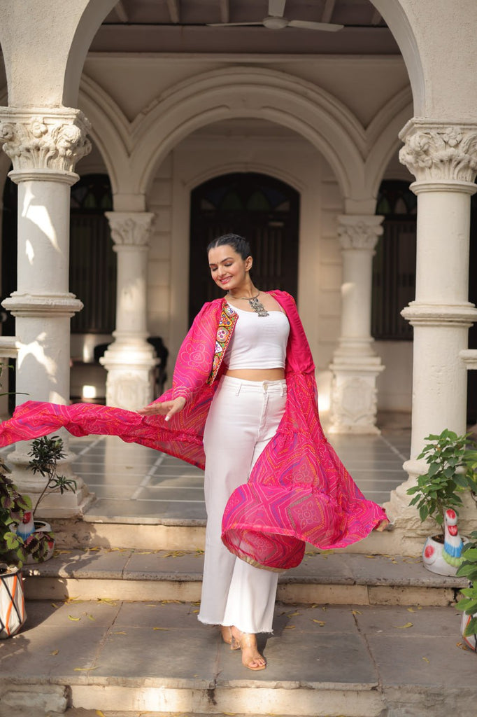 Pink Faux Georgette Bandhani Shrug with Kutchi Patchwork ClothsVilla