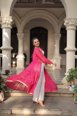 Pink Faux Georgette Bandhani Shrug with Kutchi Patchwork ClothsVilla