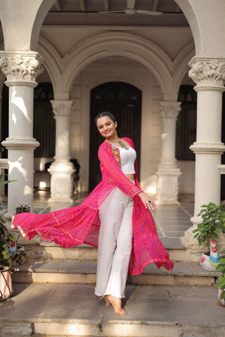 Pink Faux Georgette Bandhani Shrug with Kutchi Patchwork ClothsVilla