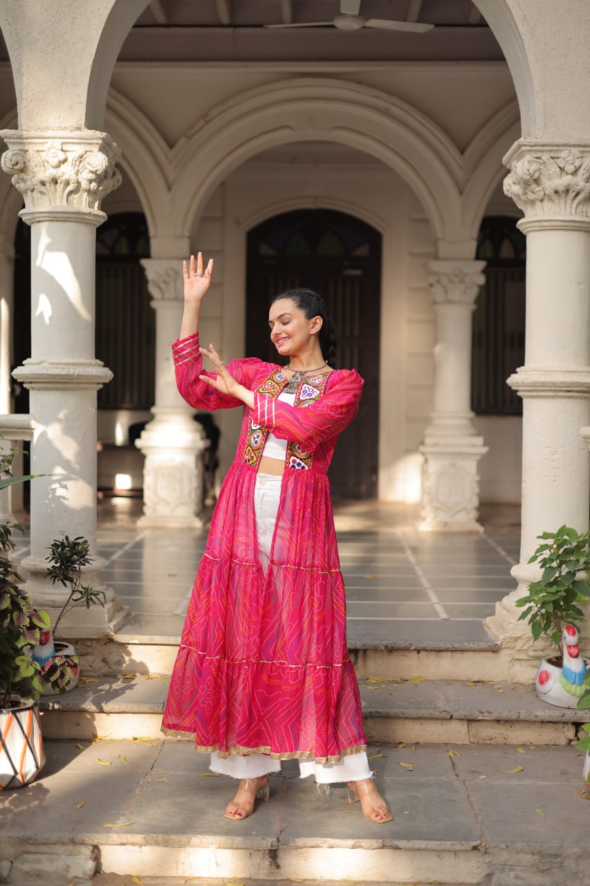 Pink Faux Georgette Bandhani Shrug with Kutchi Patchwork ClothsVilla