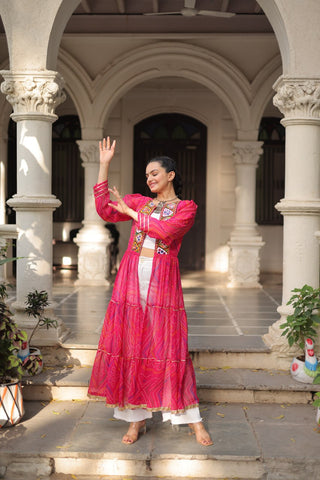 Pink Faux Georgette Bandhani Shrug with Kutchi Patchwork ClothsVilla