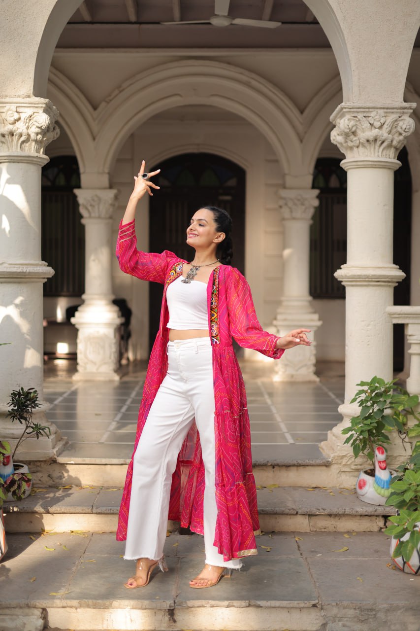 Pink Faux Georgette Bandhani Shrug with Kutchi Patchwork ClothsVilla