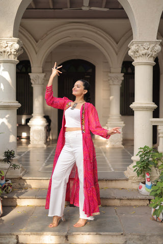 Pink Faux Georgette Bandhani Shrug with Kutchi Patchwork ClothsVilla