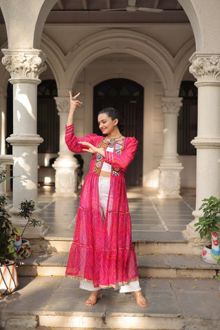 Pink Faux Georgette Bandhani Shrug with Kutchi Patchwork ClothsVilla