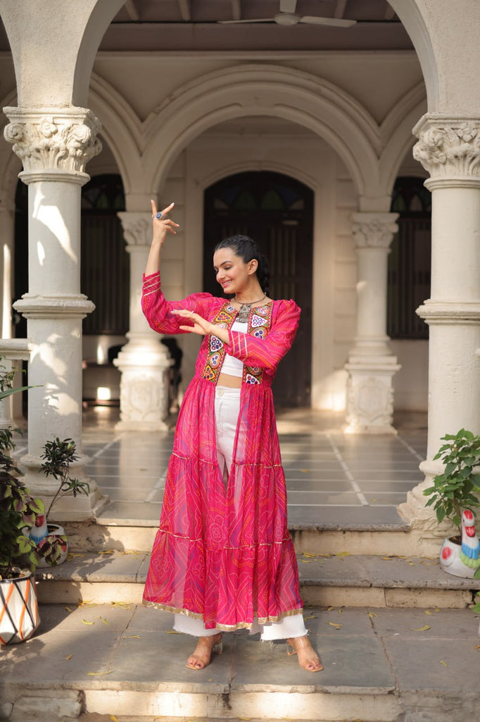 Pink Faux Georgette Bandhani Shrug with Kutchi Patchwork ClothsVilla