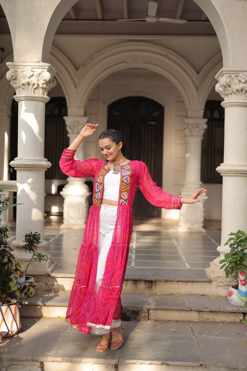 Pink Faux Georgette Bandhani Shrug with Kutchi Patchwork ClothsVilla