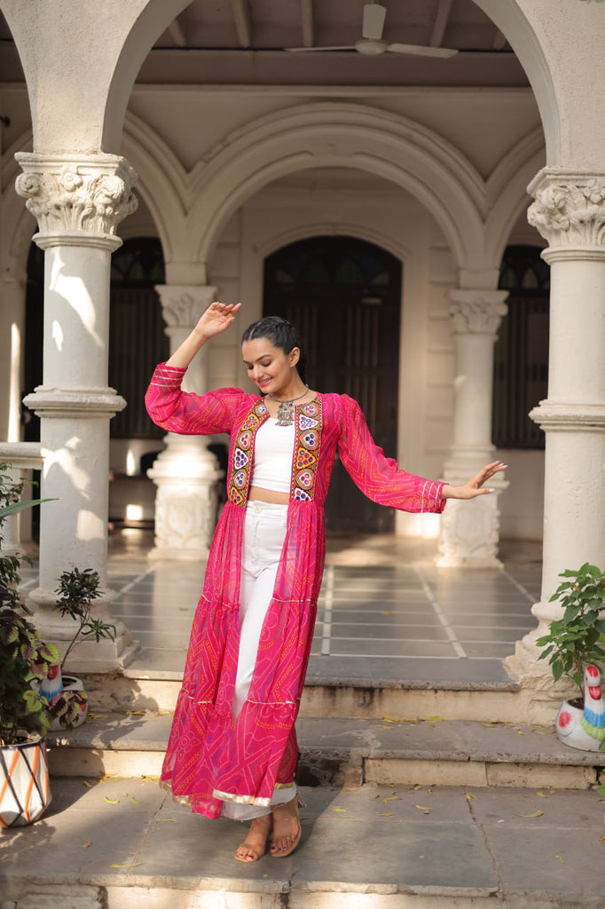 Pink Faux Georgette Bandhani Shrug with Kutchi Patchwork ClothsVilla