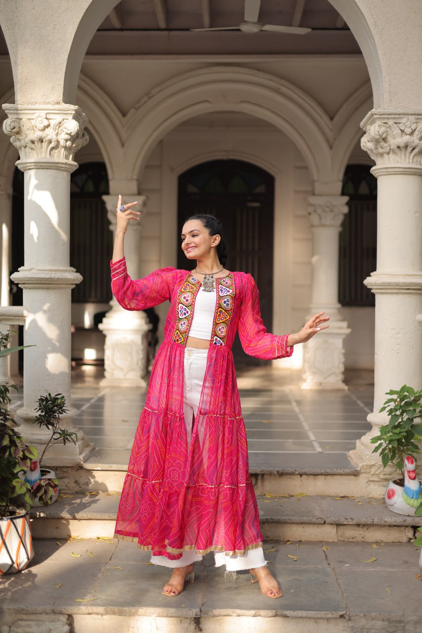 Pink Faux Georgette Bandhani Shrug with Kutchi Patchwork ClothsVilla