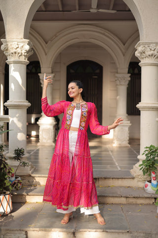 Pink Faux Georgette Bandhani Shrug with Kutchi Patchwork ClothsVilla