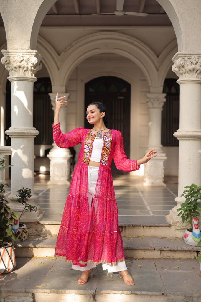 Pink Faux Georgette Bandhani Shrug with Kutchi Patchwork ClothsVilla
