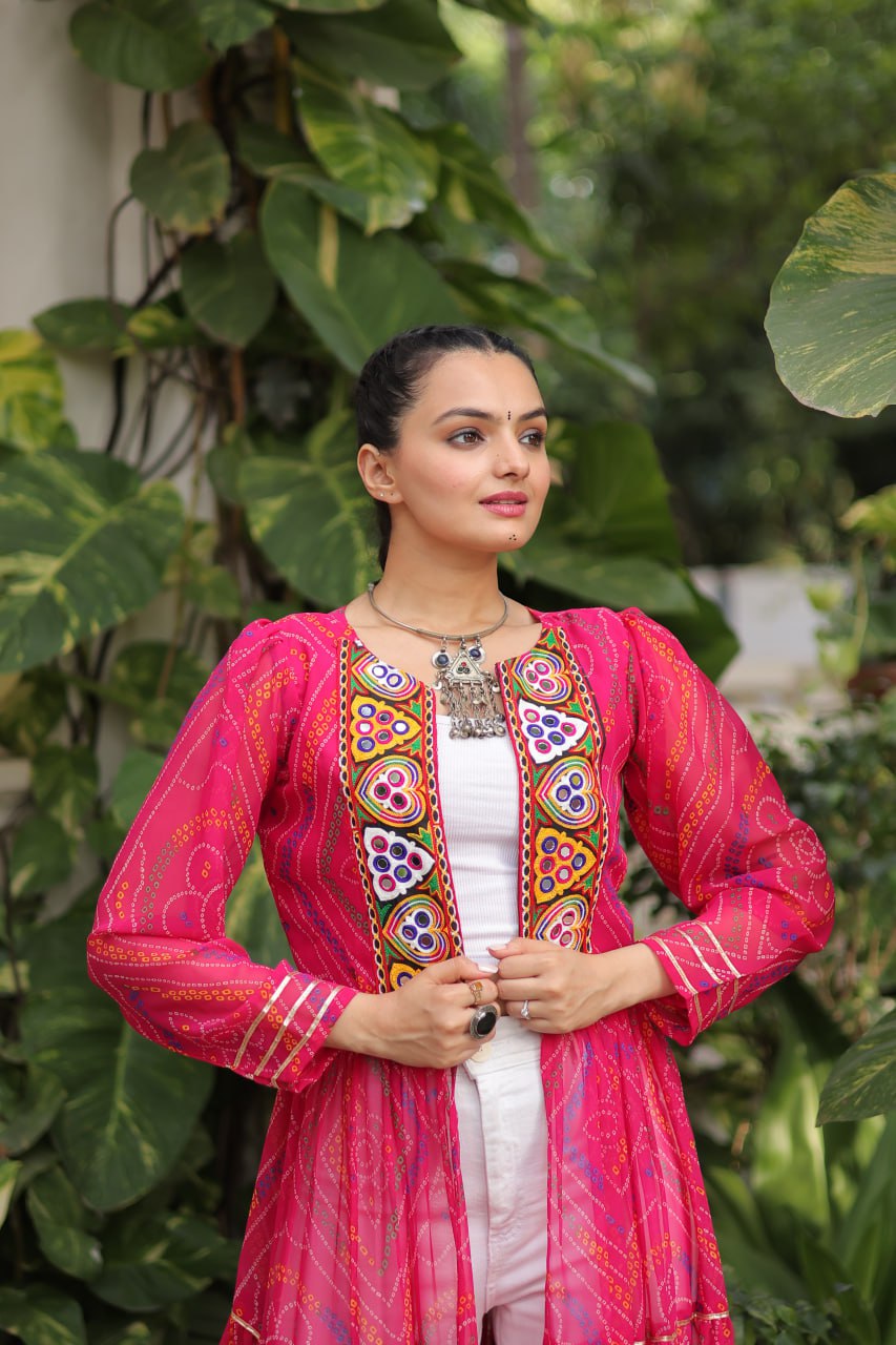 Pink Faux Georgette Bandhani Shrug with Kutchi Patchwork ClothsVilla