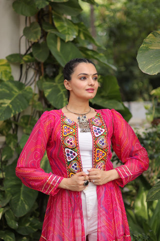 Pink Faux Georgette Bandhani Shrug with Kutchi Patchwork ClothsVilla