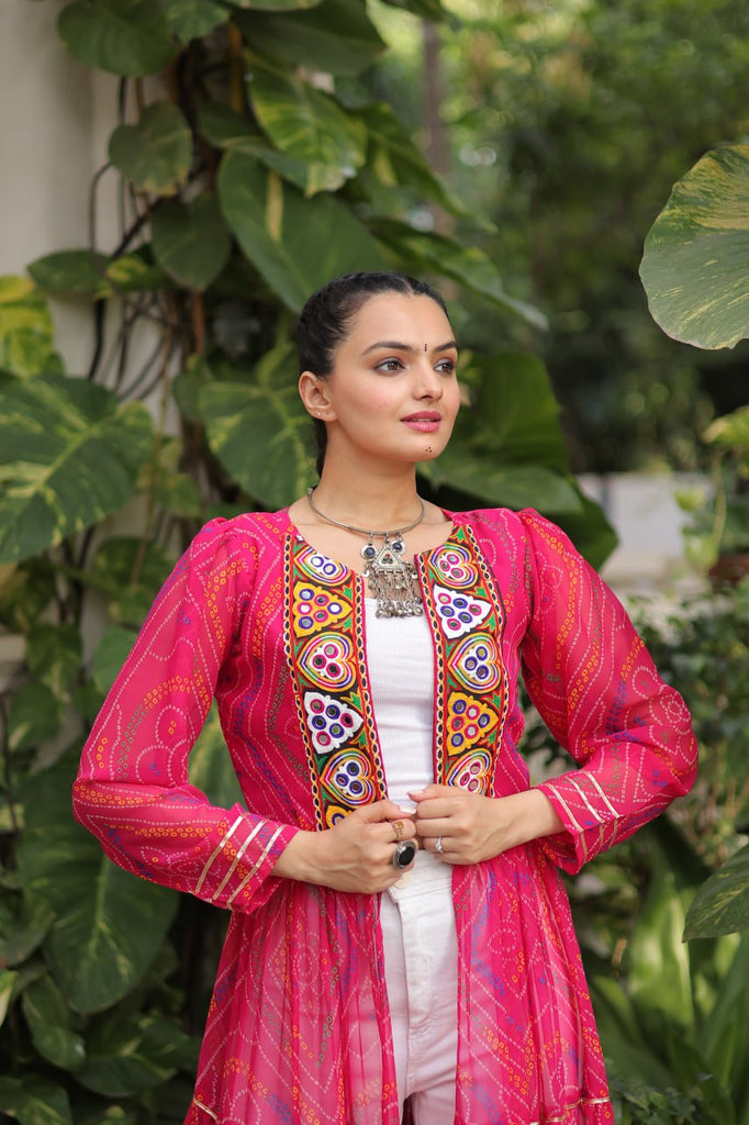 Pink Faux Georgette Bandhani Shrug with Kutchi Patchwork ClothsVilla