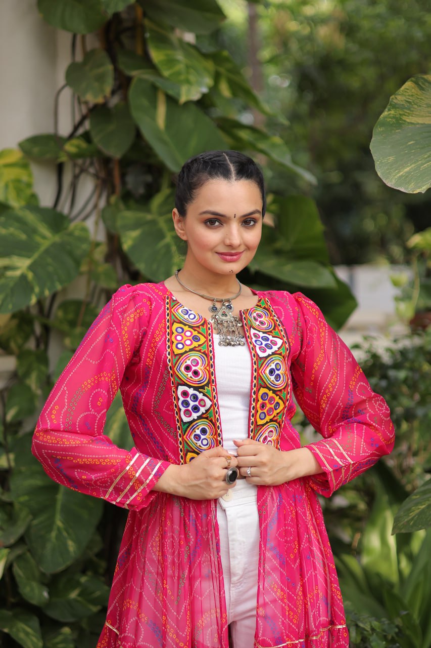 Pink Faux Georgette Bandhani Shrug with Kutchi Patchwork ClothsVilla