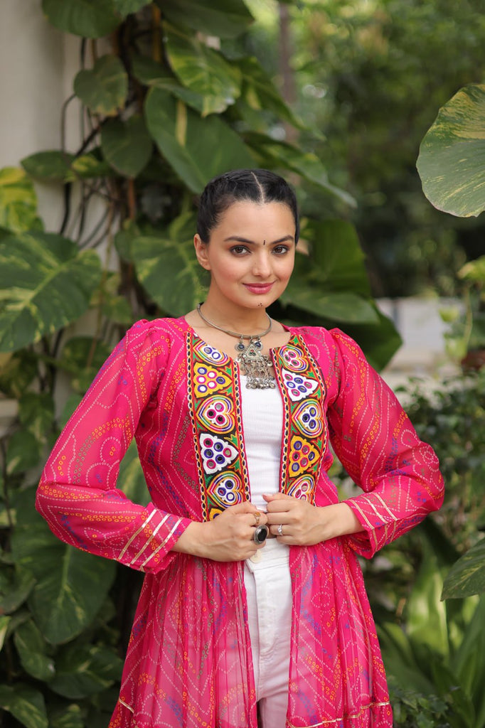 Pink Faux Georgette Bandhani Shrug with Kutchi Patchwork ClothsVilla