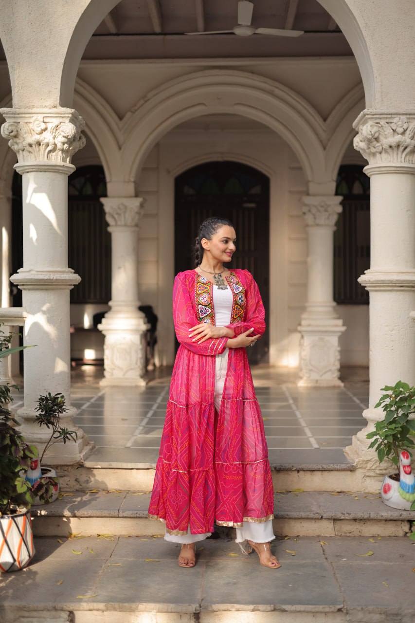 Pink Faux Georgette Bandhani Shrug with Kutchi Patchwork ClothsVilla