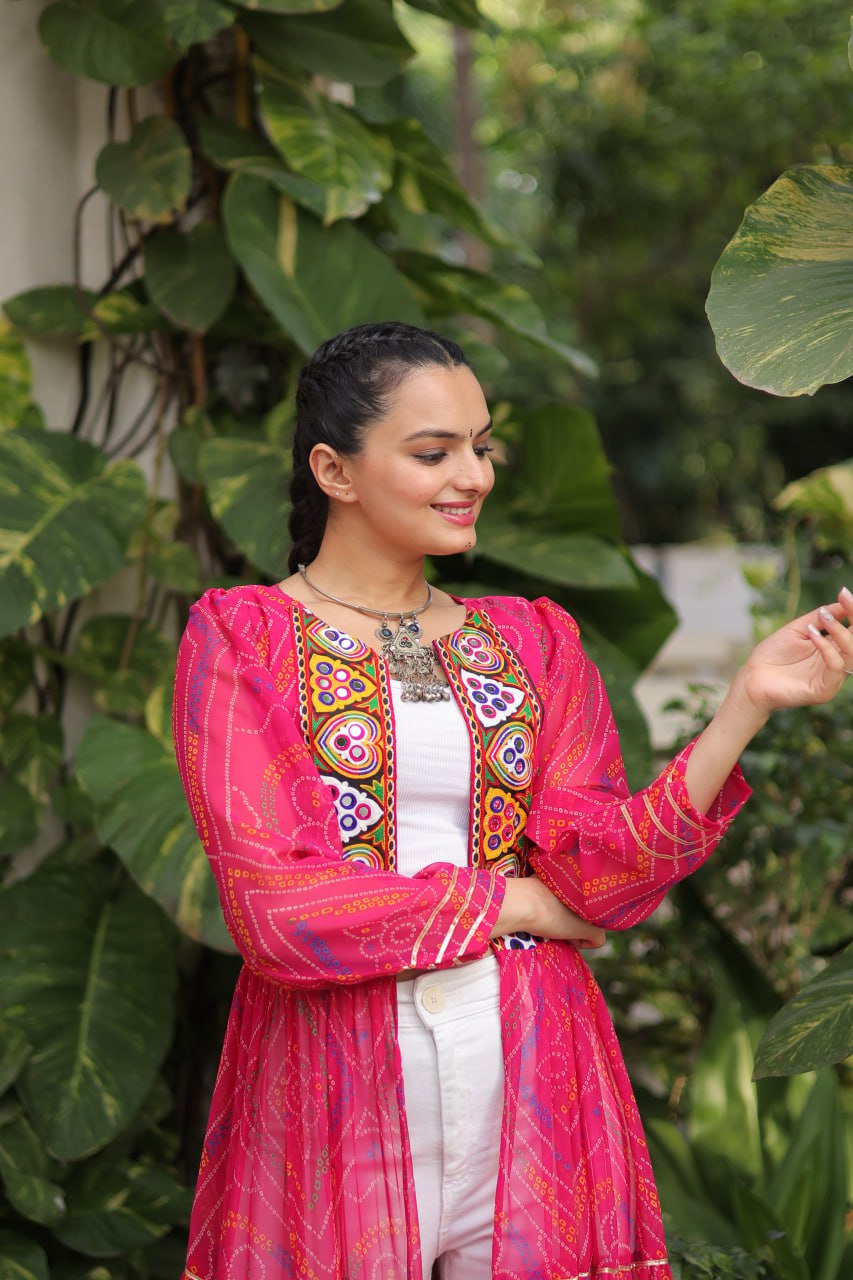 Pink Faux Georgette Bandhani Shrug with Kutchi Patchwork ClothsVilla
