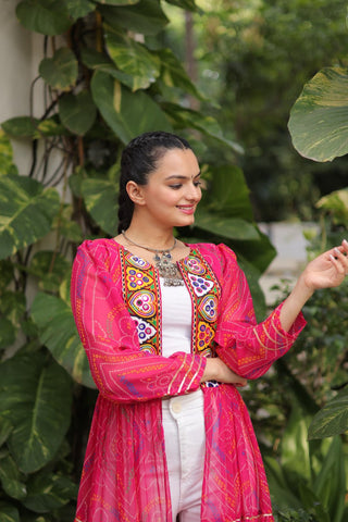 Pink Faux Georgette Bandhani Shrug with Kutchi Patchwork ClothsVilla