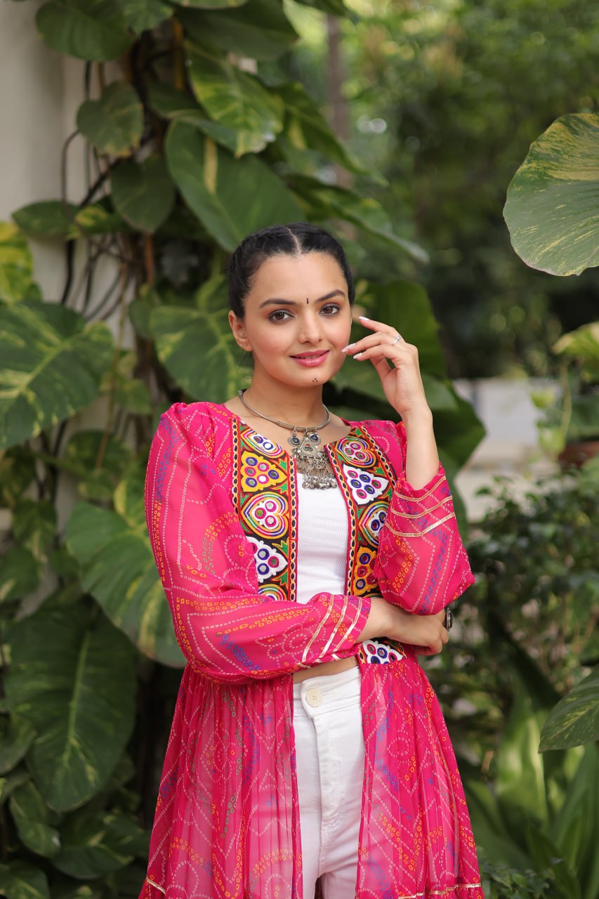 Pink Faux Georgette Bandhani Shrug with Kutchi Patchwork ClothsVilla