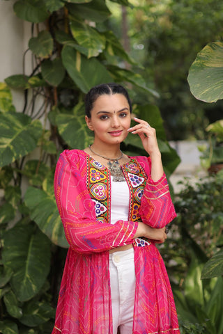 Pink Faux Georgette Bandhani Shrug with Kutchi Patchwork ClothsVilla