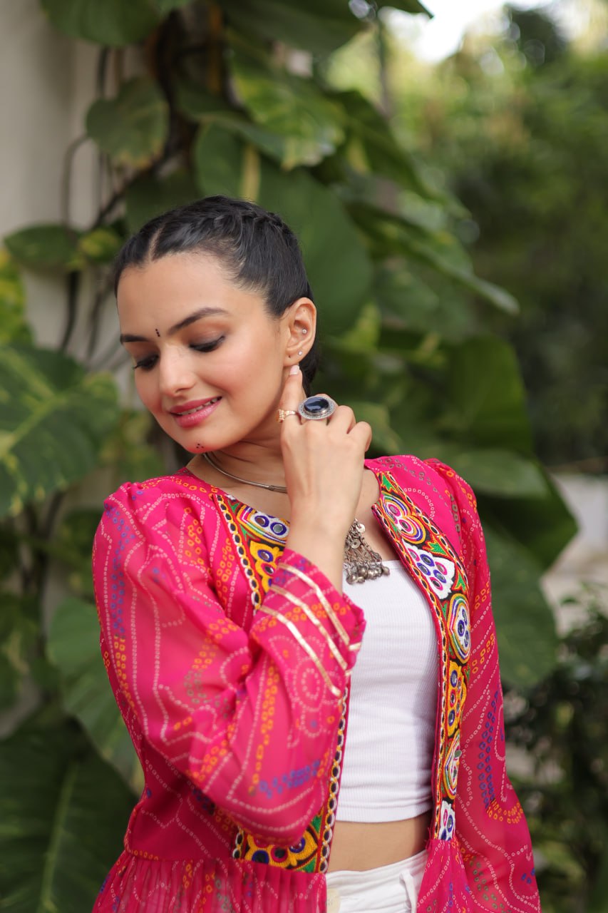 Pink Faux Georgette Bandhani Shrug with Kutchi Patchwork ClothsVilla