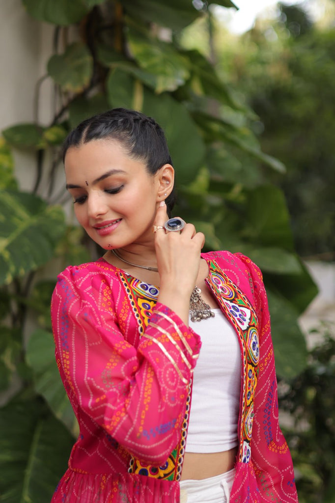 Pink Faux Georgette Bandhani Shrug with Kutchi Patchwork ClothsVilla