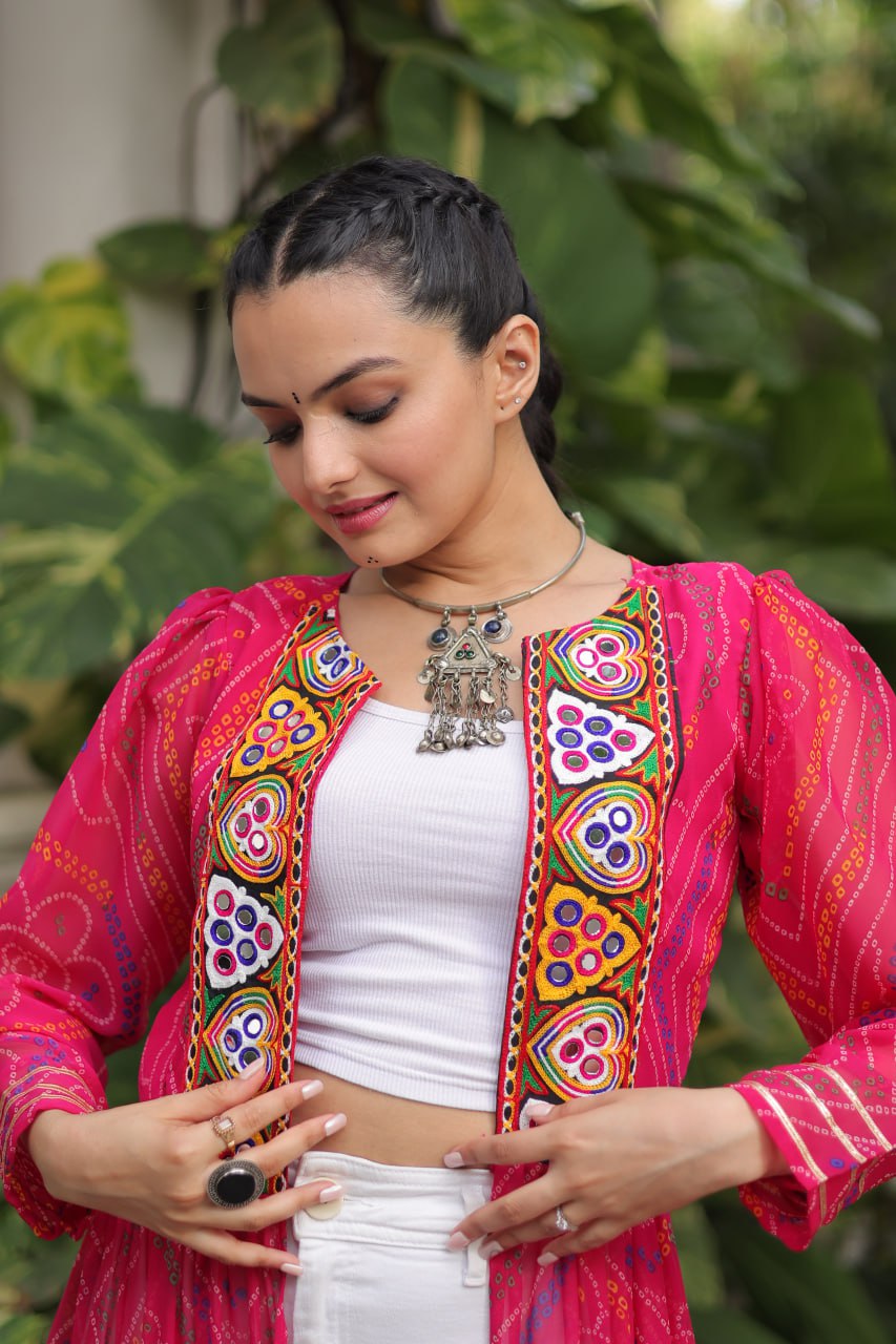 Pink Faux Georgette Bandhani Shrug with Kutchi Patchwork ClothsVilla