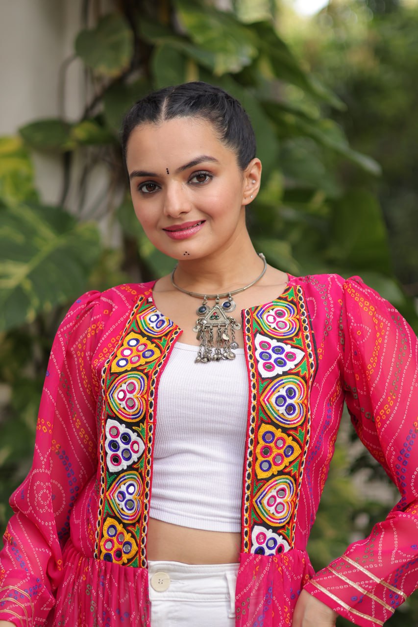 Pink Faux Georgette Bandhani Shrug with Kutchi Patchwork ClothsVilla