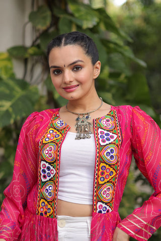 Pink Faux Georgette Bandhani Shrug with Kutchi Patchwork ClothsVilla