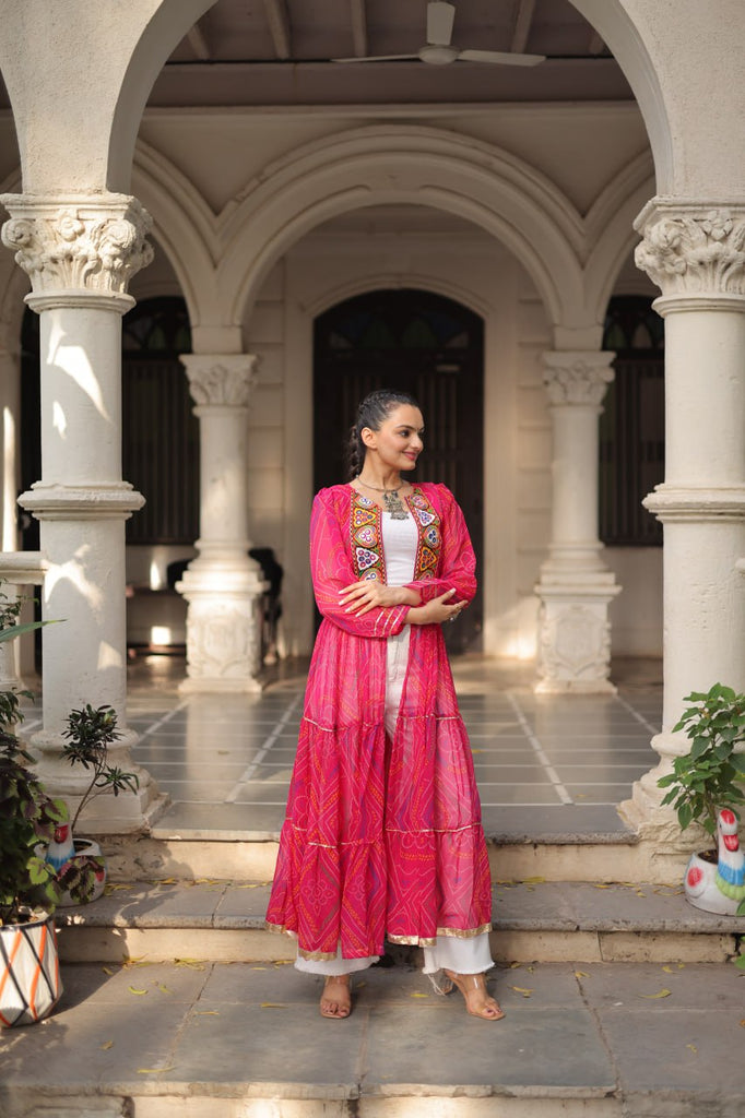 Pink Faux Georgette Bandhani Shrug with Kutchi Patchwork ClothsVilla