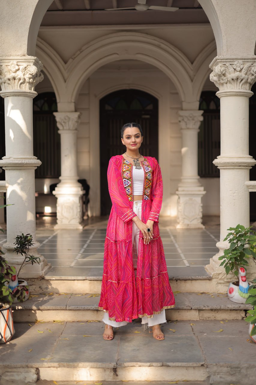 Pink Faux Georgette Bandhani Shrug with Kutchi Patchwork ClothsVilla