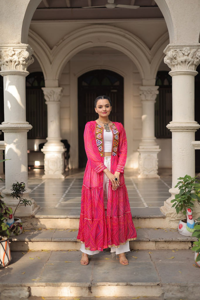 Pink Faux Georgette Bandhani Shrug with Kutchi Patchwork ClothsVilla