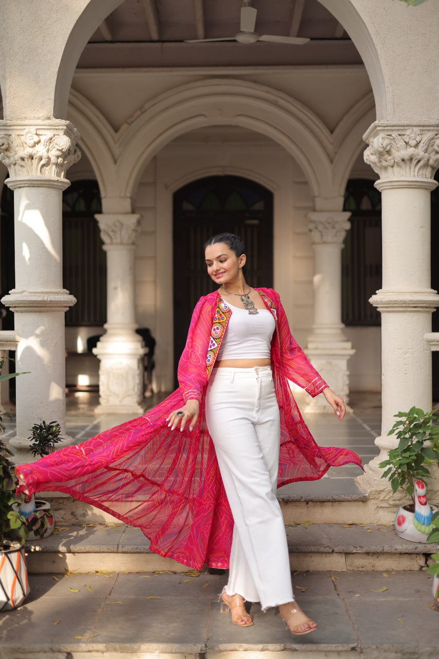 Pink Faux Georgette Bandhani Shrug with Kutchi Patchwork ClothsVilla