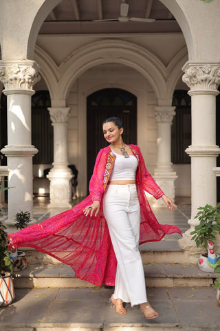 Pink Faux Georgette Bandhani Shrug with Kutchi Patchwork ClothsVilla