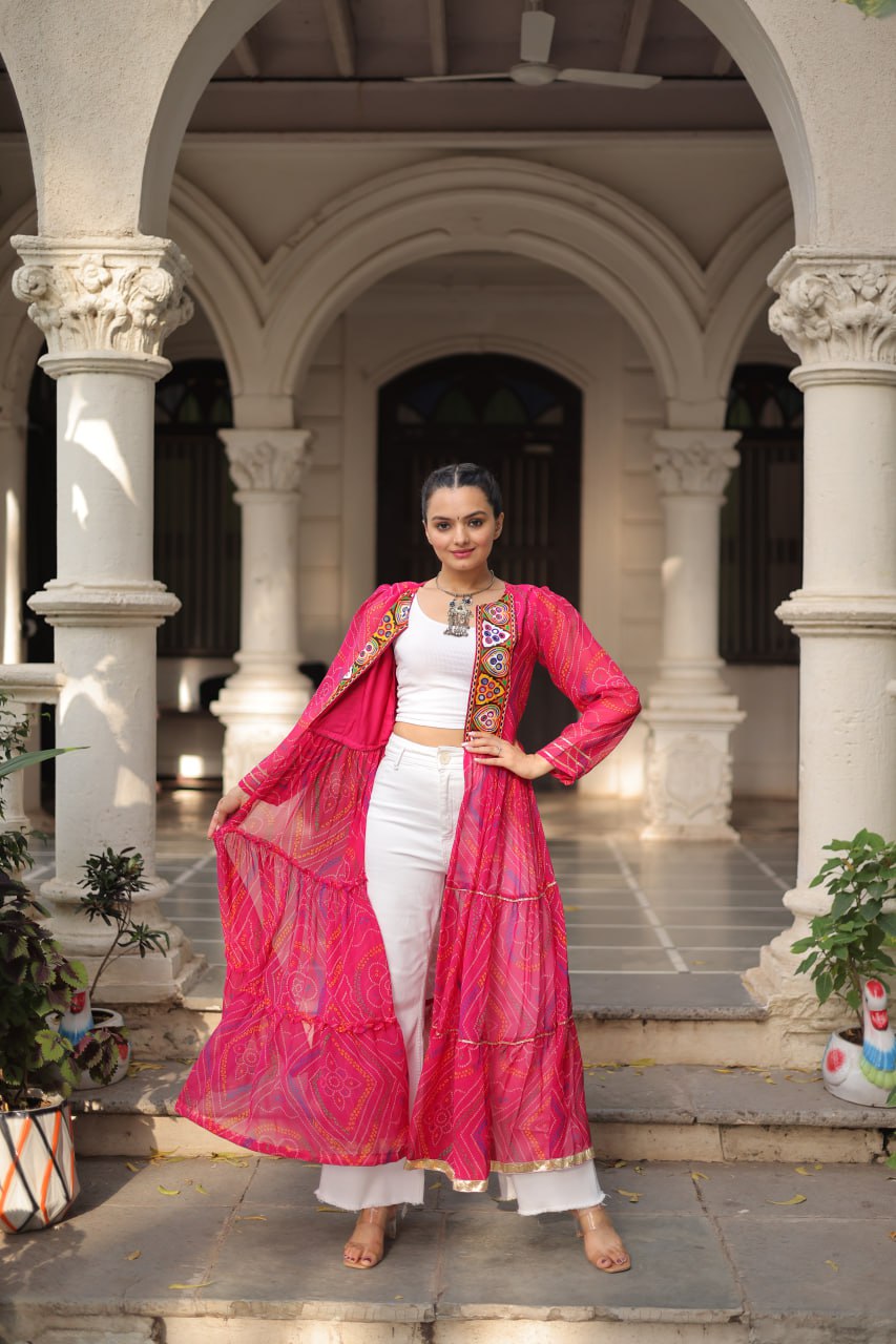 Pink Faux Georgette Bandhani Shrug with Kutchi Patchwork ClothsVilla