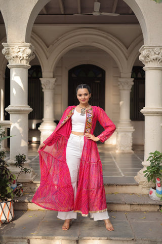 Pink Faux Georgette Bandhani Shrug with Kutchi Patchwork ClothsVilla
