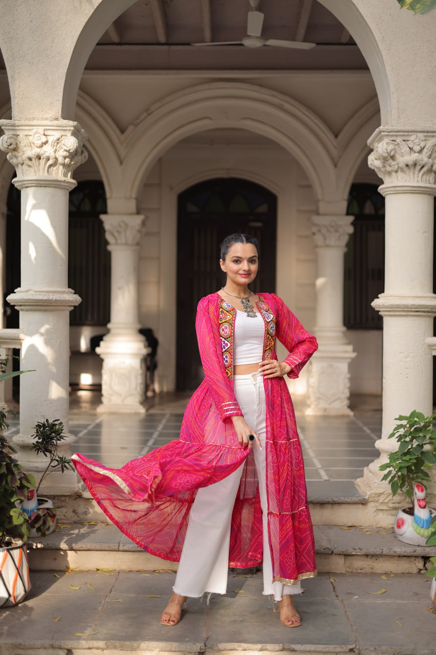 Pink Faux Georgette Bandhani Shrug with Kutchi Patchwork ClothsVilla