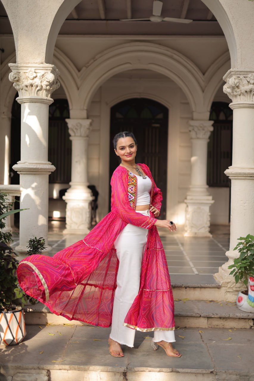 Pink Faux Georgette Bandhani Shrug with Kutchi Patchwork ClothsVilla