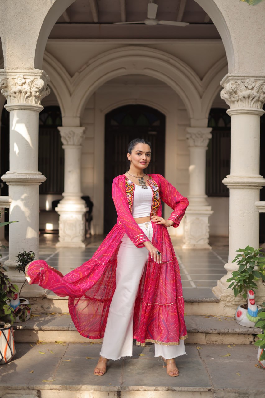 Pink Faux Georgette Bandhani Shrug with Kutchi Patchwork ClothsVilla