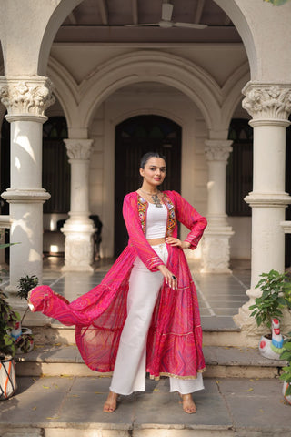 Pink Faux Georgette Bandhani Shrug with Kutchi Patchwork ClothsVilla