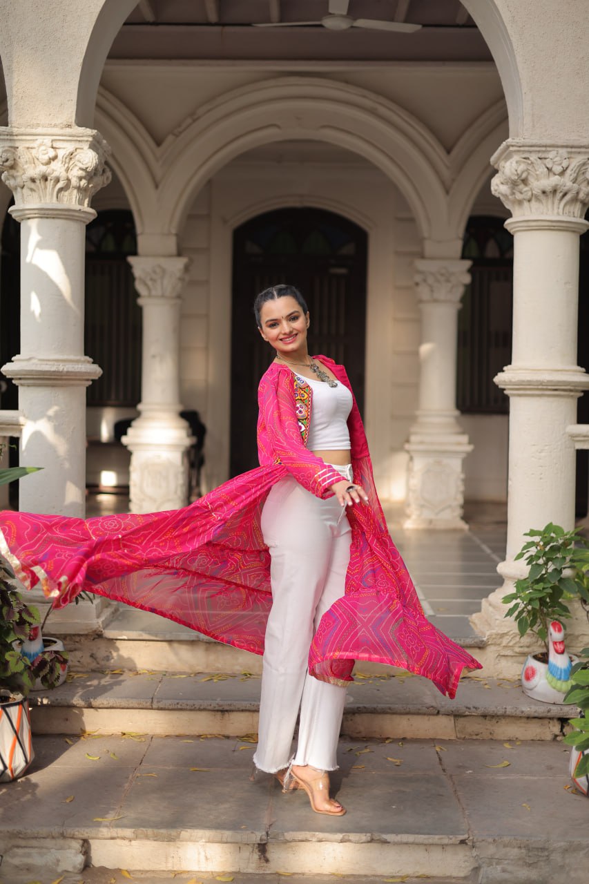 Pink Faux Georgette Bandhani Shrug with Kutchi Patchwork ClothsVilla