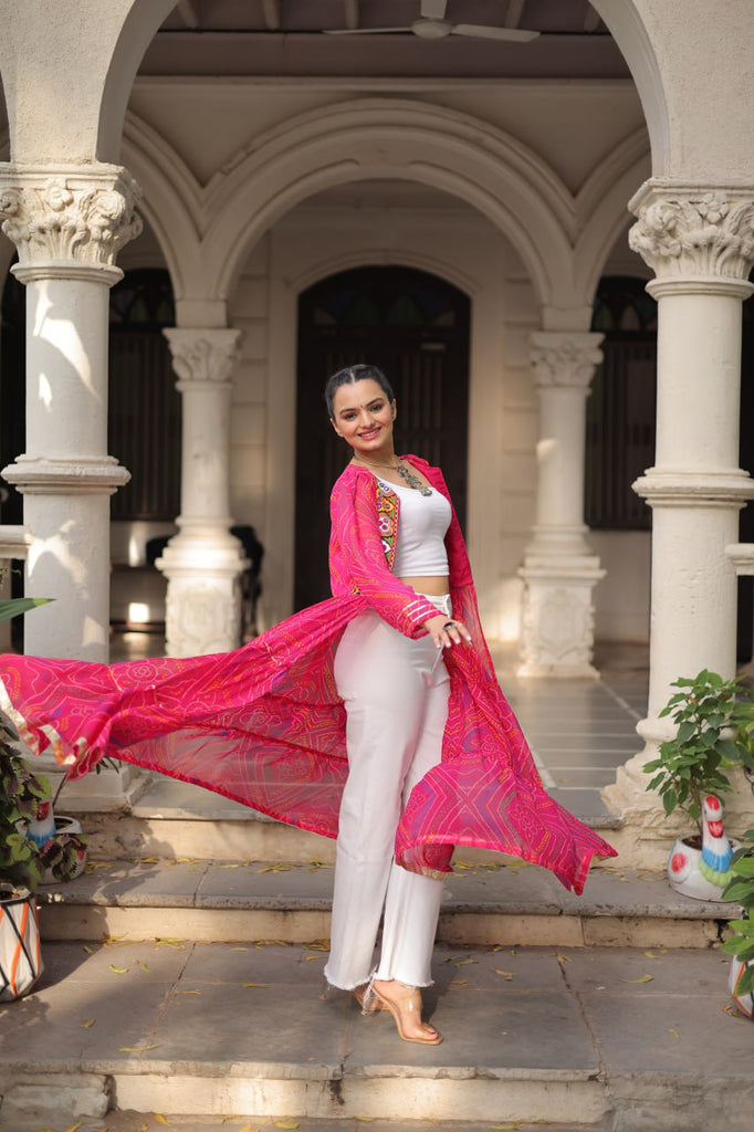 Pink Faux Georgette Bandhani Shrug with Kutchi Patchwork ClothsVilla